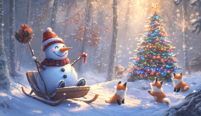 Fototapeta premium A Fairytale Christmas Scene: Foxes and Snowman Adorn the Forest with a Beautifully Lit Christmas Tree