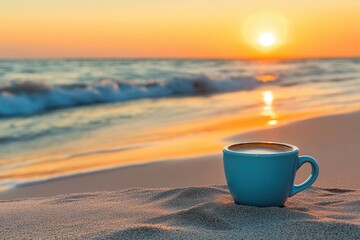 Serene sunrise over ocean with coffee cup on sandy beach, morning tranquility concept