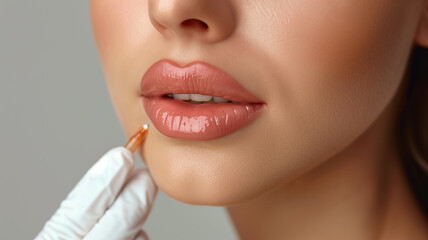 Obraz premium A close-up of a cosmetic procedure featuring the precise application of a lip filler injection by a professional in pink gloves. Perfect for promoting beauty clinics,