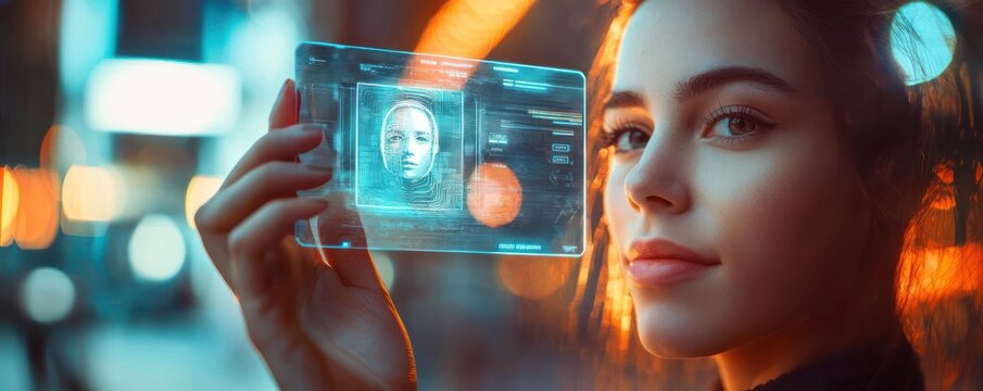 A woman's hand holding a futuristic digital ID card with a holographic profile, exploring concepts of identity and technology.