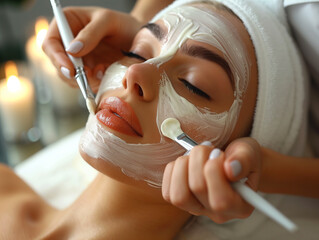 Embracing relaxation, a youthful lady enjoys facial mask spa treatment at a beauty salon.