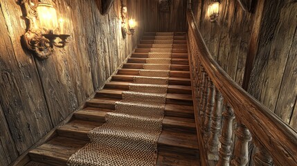 Fototapeta premium A detailed view of a rustic wooden staircase in a farmhouse, with a hand-woven runner and antique wall sconces lighting the way