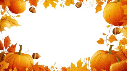A horizontal banner featuring a border of pumpkins, acorns, and colorful autumn leaves framing the edges. The center remains blank, providing ample space for promotional text or seasonal messages