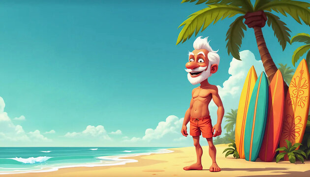 Ilustra&ccedil;&atilde;o de um homem idoso animado em uma praia tropical, ao lado de pranchas de surfe e palmeiras, transmitindo alegria e vitalidade.

