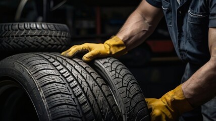 Mechanic inspecting a car tire for repairing punctures