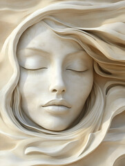 Obraz premium Elegant woman with flowing sand textures around her face, exuding tranquility and grace, sand element, canvas art.