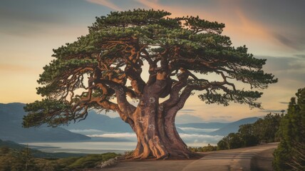 Obraz premium A majestic tree stands alone on a path, surrounded by scenic views, embodying nature’s beauty