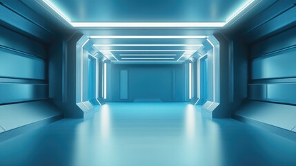 Obraz premium Futuristic Empty Black Studio with Blue Glow, Modern Architecture Design