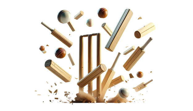 Wooden cricket stumps and bails set on a clean background, highlighting traditional elements of cricket, paired with a dynamic composition of cricket bats and balls in explosive motion.