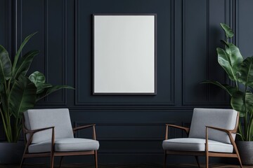 Minimalist Living Room Interior with Dark Green Walls and Cozy Armchairs