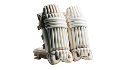 Classic white cricket batting pads with reinforced protection and padding, offering essential leg defense for cricketers, highlighting durability and safety.