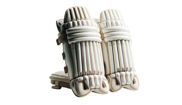 Classic white cricket batting pads with reinforced protection and padding, offering essential leg defense for cricketers, highlighting durability and safety. - Powered by Adobe
