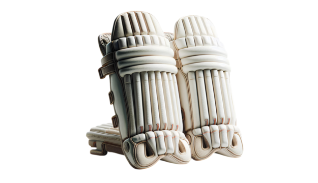 Classic white cricket batting pads with reinforced protection and padding, offering essential leg defense for cricketers, highlighting durability and safety.