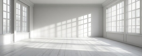 Fototapeta premium Bright and spacious interior with large windows casting soft shadows on a clean, white floor, perfect for creative projects.
