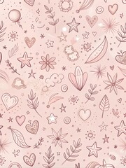 Hand-Drawn Pattern with Hearts, Stars, and Flowers on light pink background