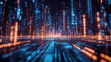 A futuristic depiction of a digital economy driven by big data, with a focus on data applications and business intelligence, illustrating the transformative power of real-time data in business