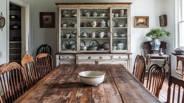 A farmhouse dining room with a large wooden table, mismatched wooden chairs, and an antique china cabinet filled with vintage dishes