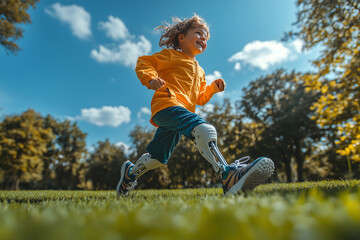 Happy Child with Prosthetic Leg Running in Park