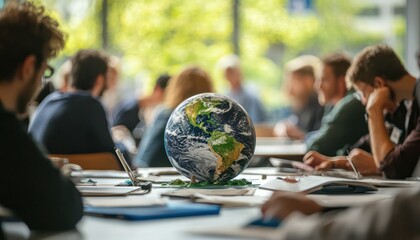 An international conference on climate change, with delegates from around the world collaborating on sustainable solutions.