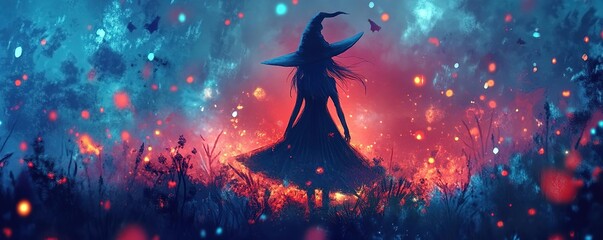 A mysterious silhouette of a witch set against a vibrant, mystical background of colorful lights and ethereal atmosphere.