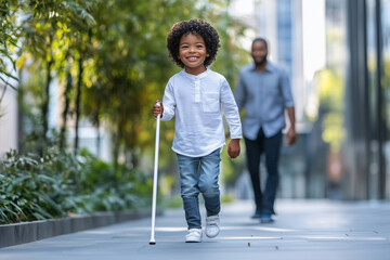 Visually Impaired Child Walking Confidently with White Cane