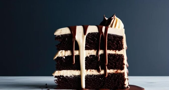 a slice of chocolate cake against a dark backdrop. Highlight the rich layers of the cake, with creamy frosting, a drizzle of chocolate, making the cake slice the chocolate cake tempting focal point