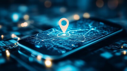 A mobile device showcases a detailed digital map featuring a highlighted geofencing area and a prominent location pin. The environment is urban and illuminated