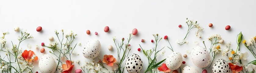 A beautiful arrangement of delicate flowers and decorative eggs, perfect for springtime, Easter, and festive celebrations.
