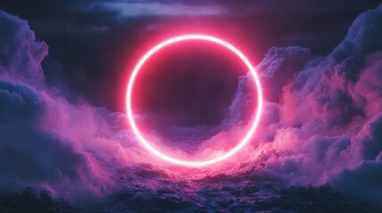 Abstract minimal concept. Dark illuminated stormy clouds background with neon glowing frame ring. Marketing or advertising text or a product