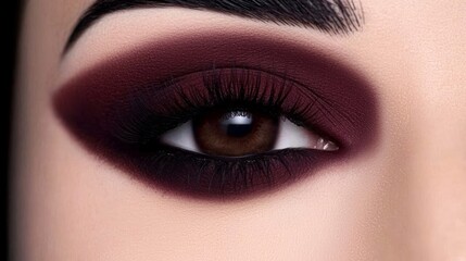 Obraz premium Close-up of a brown eye with dramatic burgundy eye makeup and thick lashes, highlighting the intense and expressive appearance.