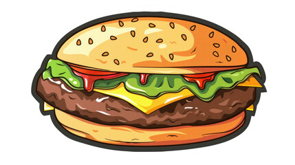 drawing of hamburger with cheese, tomatoes, chop, lettuce, onion, cucumber in flat cartoon style. Illustration for design fast food menu. Hamburger isolated icon on transparent