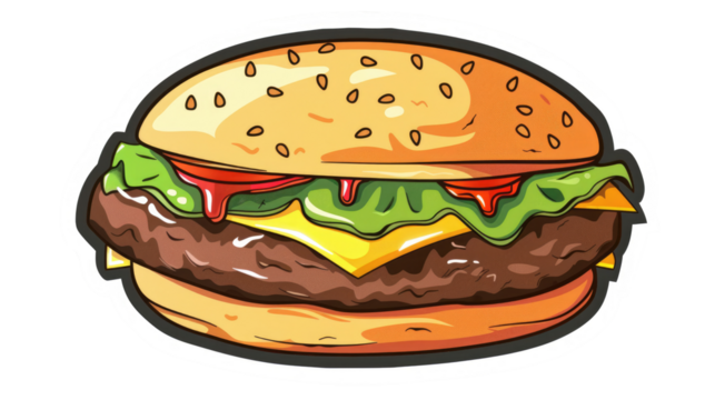 drawing of hamburger with cheese, tomatoes, chop, lettuce, onion, cucumber in flat cartoon style. Illustration for design fast food menu. Hamburger isolated icon on transparent