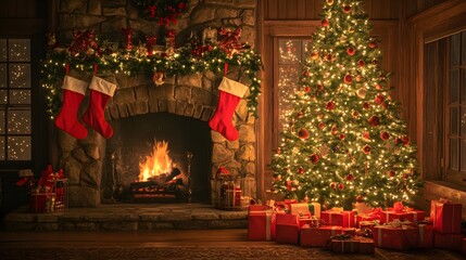 Fototapeta premium A Christmas tree with presents underneath, a fireplace in the background, red Christmas stockings on the fireplace
