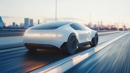 Obraz premium Autonomous Electric Vehicle on a Smart Road A sleek, autonomous electric vehicle driving on a futuristic highway