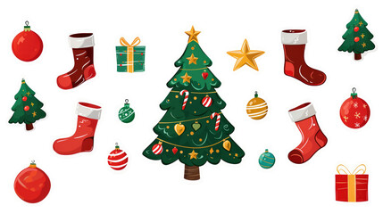 Christmas tree with different decorations and gifts isolated on transparent background. Winter Holidays concept with balls, lights, icicle decor in cartoon style