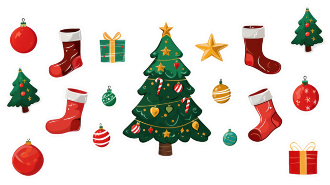 Christmas tree with different decorations and gifts isolated on transparent background. Winter Holidays concept with balls, lights, icicle decor in cartoon style