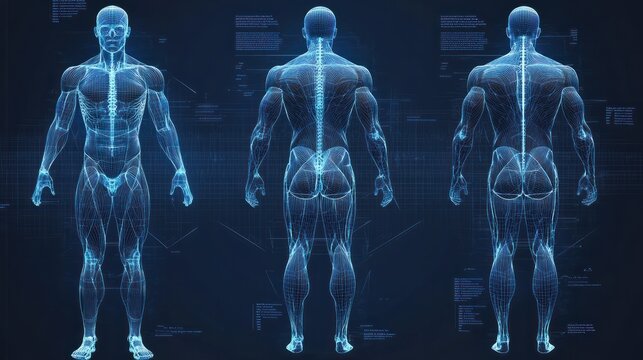 Blueprint set of 3D polygonal wireframes of the human body in temlate format.