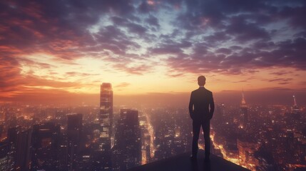 Fototapeta premium Business aspirations touching sky businessman gaze on cityscape high. Silhouettes of success dreams in urban lights future promise in professional. In heart of city ambitions fly leader stands goals