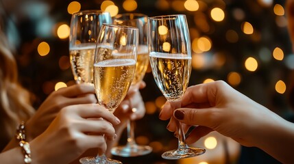 a group of people holding up champagne flutes in front of a Christmas tree with lights in the background