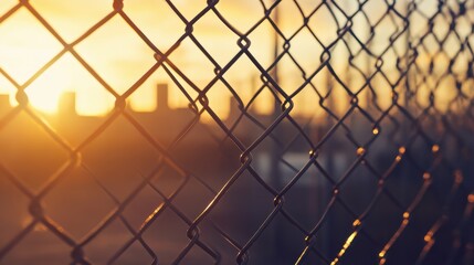 Chain link fence is guarding an industrial facility at sunset, with a golden sky in the background