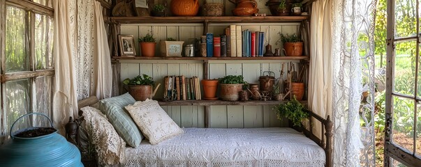 A farmhouse garden shed turned into a cozy retreat, with a daybed, lace curtains, and shelves filled with gardening books and vintage pots