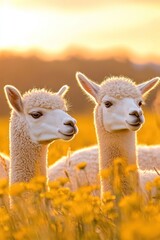 Two Adorable Alpacas in a Sunlit Yellow Field at Golden Hour &ndash; Peaceful and Warm Animal Photography