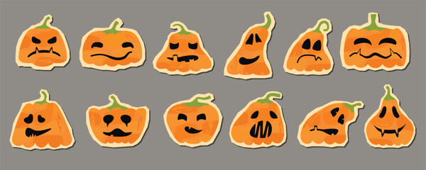 Halloween pumpkins stickers set isolated on grey background.Cartoon characters with funny and scary faces.Vector designs with textures.Decorative elements for card,banner,invitation.Flat illustration.