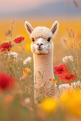 Fototapeta premium Adorable Alpaca in a Colorful Meadow of Red and Yellow Wildflowers – Vibrant and Charming Nature Photography