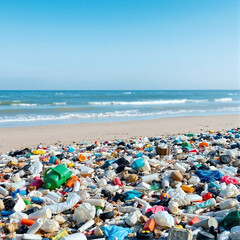 Plastic waste scattered across a beach under clear blue skies