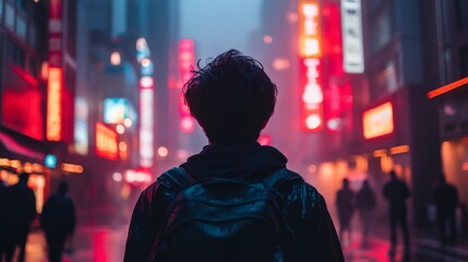 Naklejka premium A man wearing a backpack is standing in the rain in a city with neon signs. The scene is dark and moody, with the man looking off into the distance
