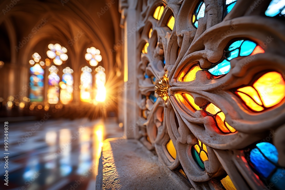Poster hyper-realistic close-up of the stained-glass windows inside batalha monastery, showing every textur