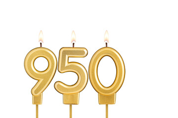 Birthday candle number 950 on white background