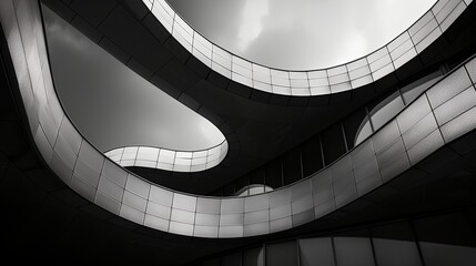 Obraz premium a black and white photo of a curved building with a sky background