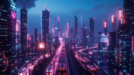 Fototapeta premium Future smart city skyline with autonomous vehicles, digital pathways, and glowing infrastructure representing urban living in the future